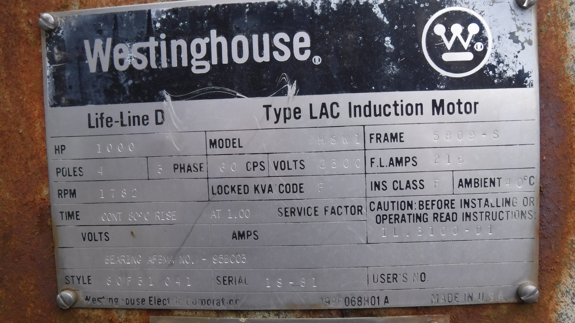 Westinghouse 1000 HP 1800 RPM 5809S Squirrel Cage Motors M9690