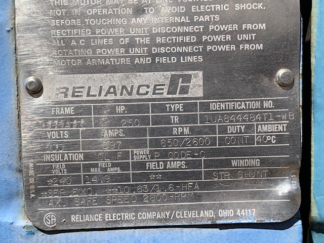 Reliance 250 HP 650/2600 RPM 685ATZ DC Motors R1431