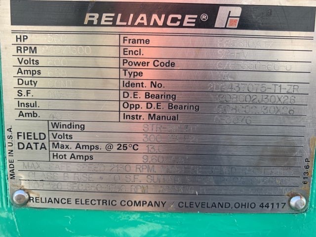 Reliance 400 HP 650/1300 RPM BB5810ATZ DC Motors R84115
