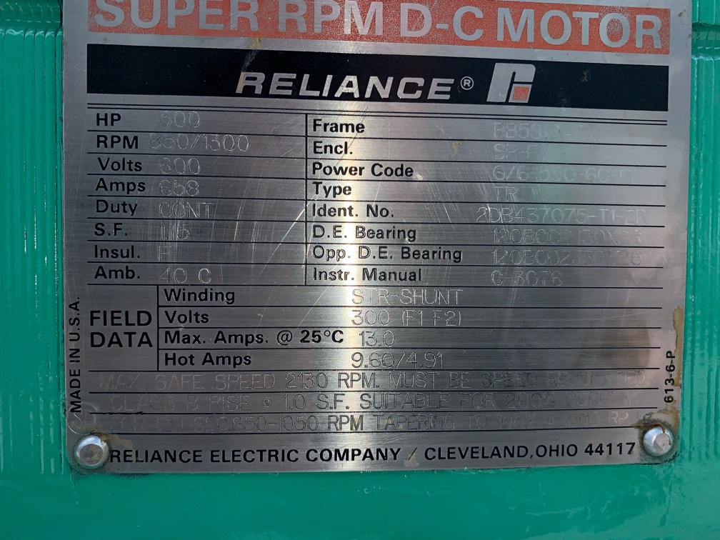 Reliance 400 HP 650/1300 RPM BB5810ATZ DC Motors R84115