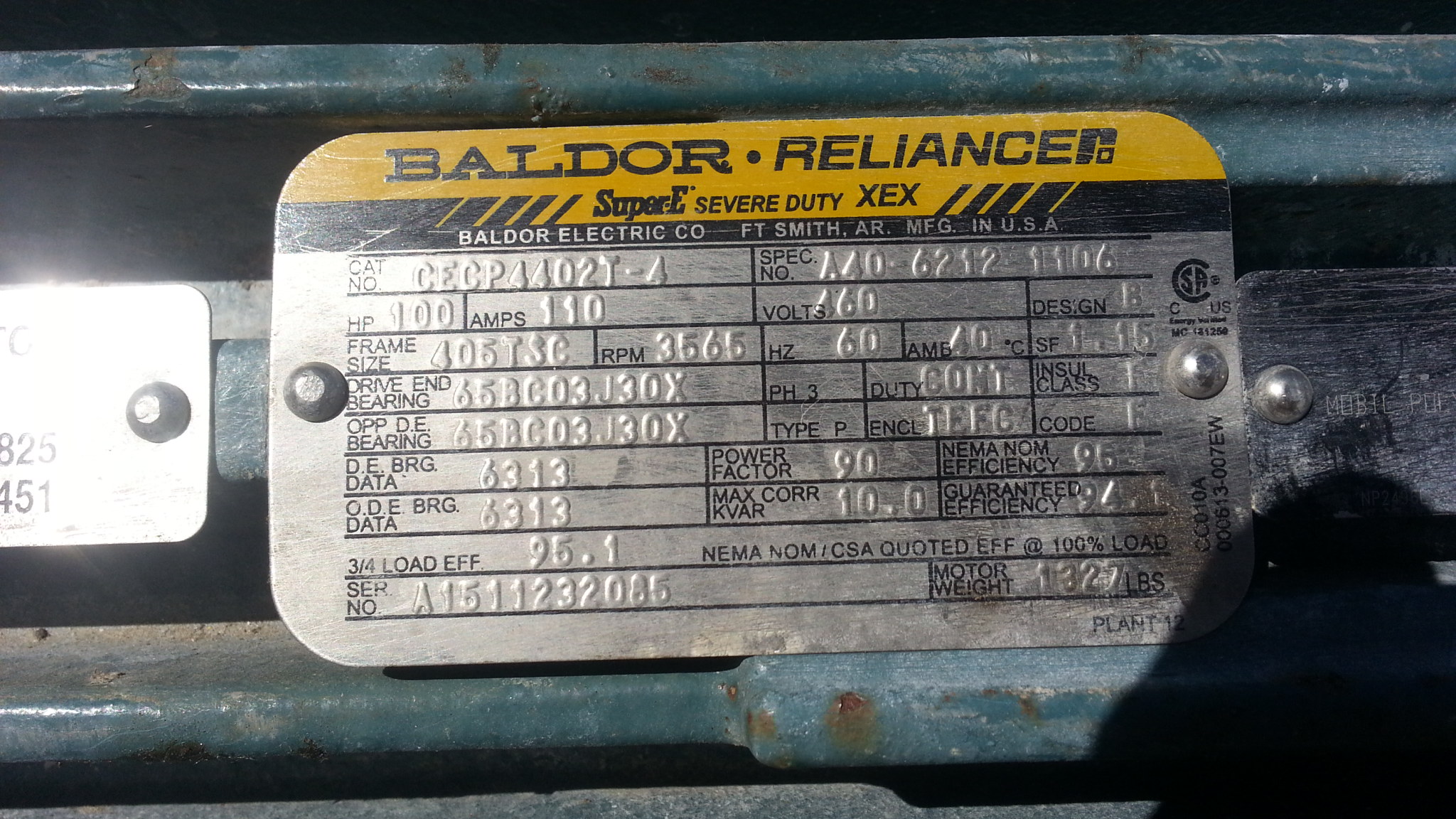 Baldor-Reliance 100 HP 3600 RPM 405TSC Squirrel Cage Motors H0566
