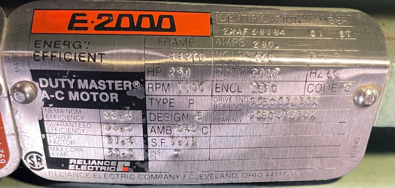 Reliance 250 HP 1200 RPM 449TD Squirrel Cage Motors h1027