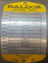 Baldor 3 HP 1750 RPM 184TC DC Motors 89665