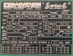 Marathon 40 HP 3600 RPM 286TS Squirrel Cage Motors 89666