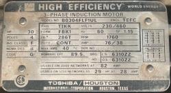 Toshiba 30 HP 1800 RPM 286T Squirrel Cage Motors 89674